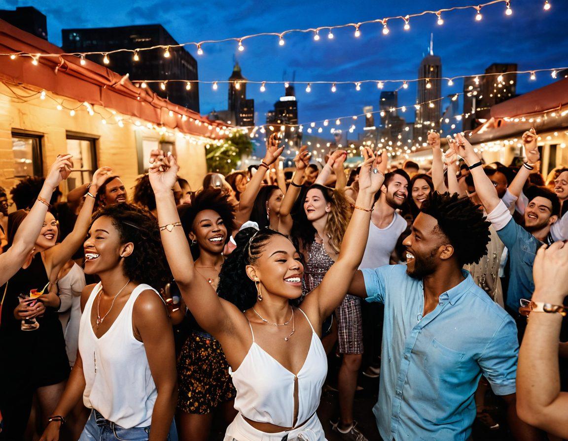 A vibrant, lively scene showcasing a diverse crowd celebrating at a colorful rooftop party, adorned with rainbow flags and twinkling fairy lights. People of various backgrounds are dancing, laughing, and engaging in joyful conversations, with a city skyline in the background. Include elements like cocktails and creative costumes that reflect the LGBTQ+ culture. The atmosphere should be filled with energy and inclusiveness, emphasizing a sense of community. super-realistic. vibrant colors. 3D.
