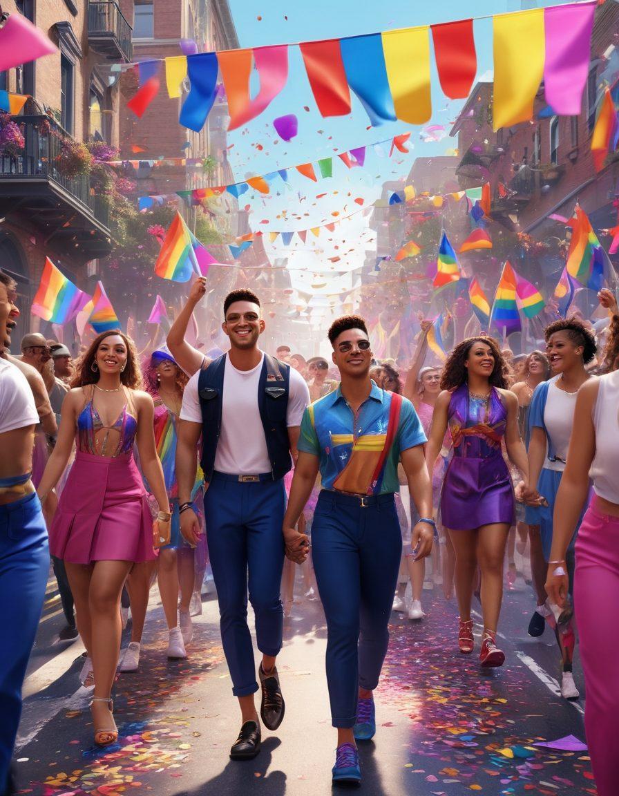 A vibrant parade scene filled with diverse people celebrating bisexual pride, featuring colorful flags and confetti, with a backdrop of a lively city street. Include joyful expressions, diverse fashion styles, and various LGBTQ+ symbols. Bright colors, dynamic energy, and a sense of community should dominate the atmosphere. super-realistic. vibrant colors. 3D.