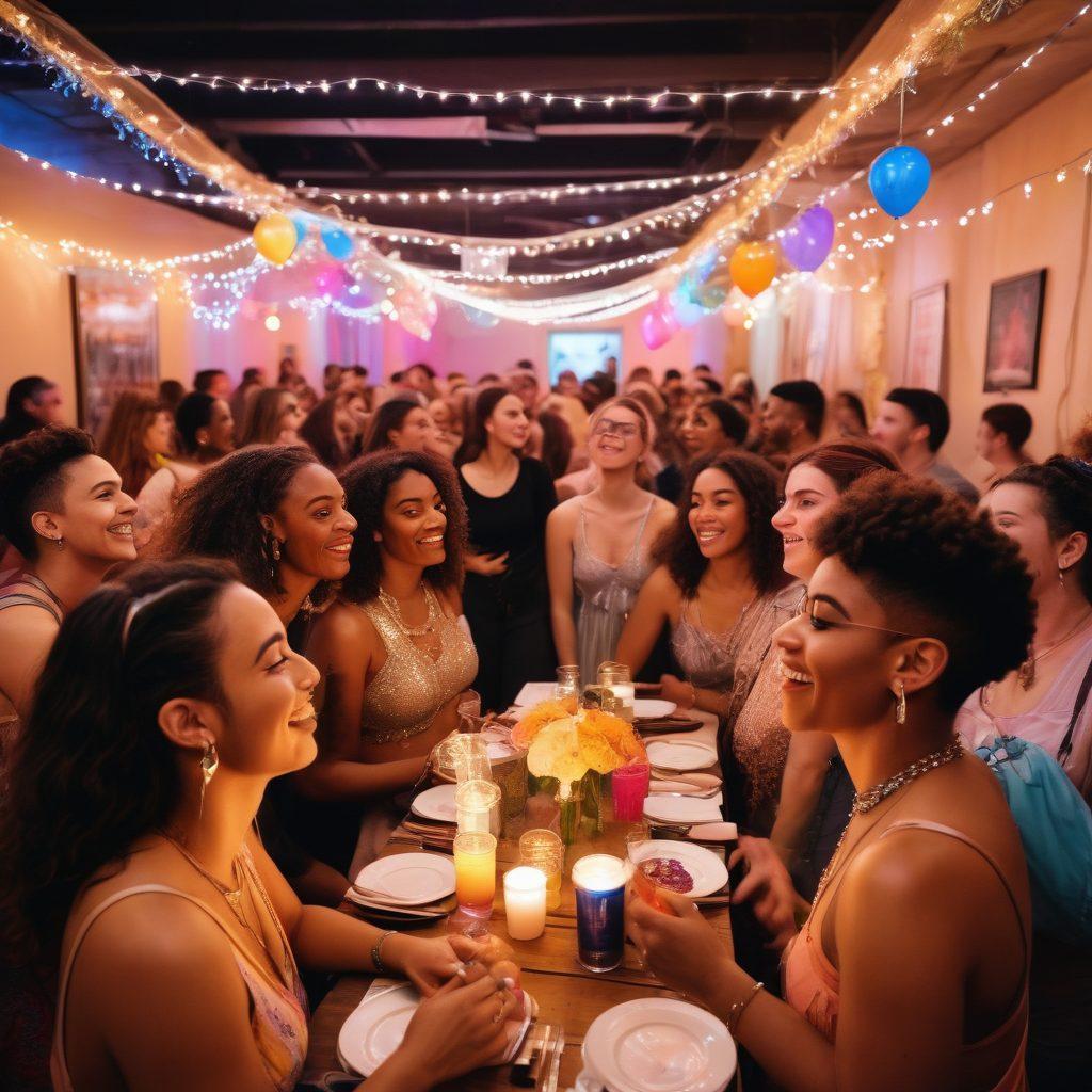 A vibrant gathering of diverse people celebrating at a lively bisexual-friendly party, adorned with colorful decorations and pride flags. The atmosphere is filled with joy, laughter, and dance, showcasing individuals expressing their unique identities through fashion and accessories. Soft fairy lights and a DJ booth energize the scene, creating a sense of community and acceptance. Capture the essence of friendly camaraderie and inclusivity. colorful illustration. dynamic colors. festive ambiance.